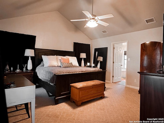 carpeted bedroom featuring lofted ceiling and ceiling fan