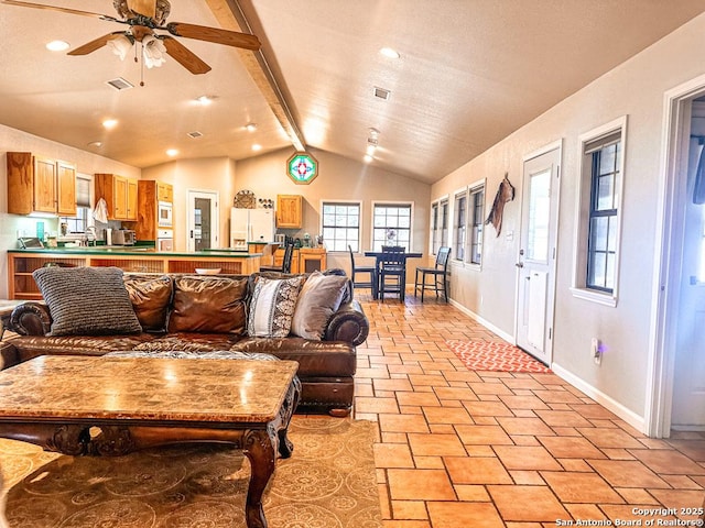 living room with pool table, lofted ceiling with beams, and ceiling fan