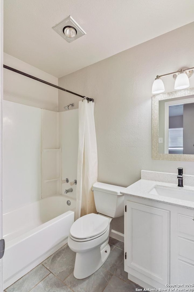 full bathroom with shower / bathtub combination with curtain, vanity, and toilet