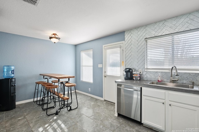 kitchen featuring tasteful backsplash, sink, stainless steel dishwasher, and white cabinets