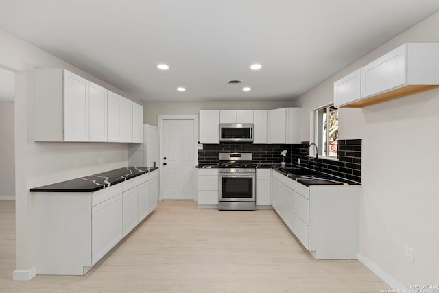 kitchen with sink, backsplash, stainless steel appliances, light hardwood / wood-style floors, and white cabinets