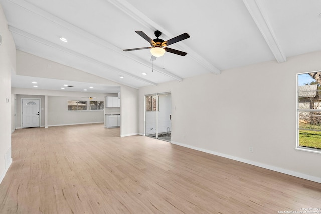 unfurnished living room with vaulted ceiling with beams, ceiling fan, and light wood-type flooring