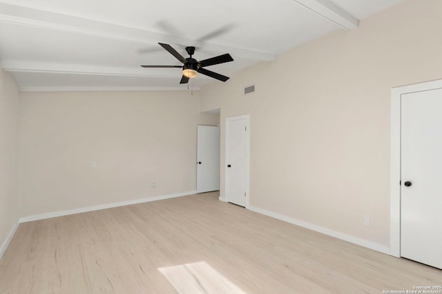 empty room featuring vaulted ceiling with beams, light hardwood / wood-style floors, and ceiling fan