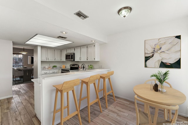 kitchen featuring stainless steel appliances, white cabinetry, light wood-type flooring, and kitchen peninsula