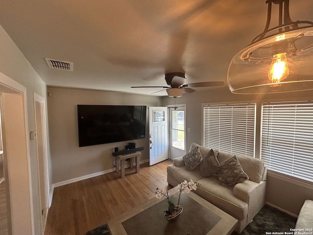 living room with hardwood / wood-style floors and ceiling fan