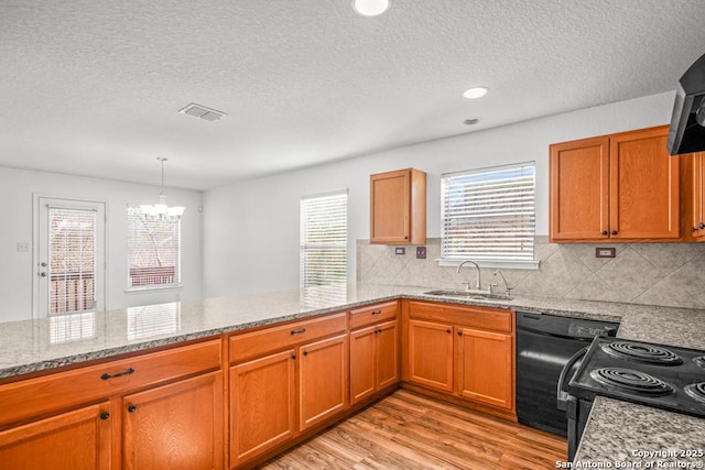 kitchen with pendant lighting, black appliances, sink, light hardwood / wood-style floors, and light stone counters