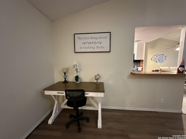 office space with lofted ceiling and dark hardwood / wood-style flooring