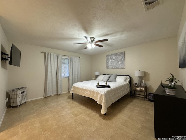 bedroom featuring a textured ceiling and ceiling fan