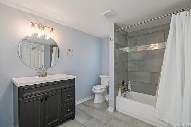 full bathroom with shower / bath combination with curtain, tile patterned floors, vanity, and toilet