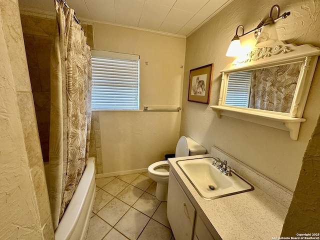 full bathroom with crown molding, shower / bath combo, vanity, tile patterned floors, and toilet