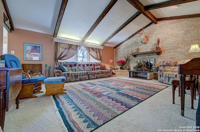 living room featuring brick wall, carpet floors, high vaulted ceiling, and beam ceiling