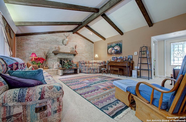 living room with brick wall, carpet floors, a brick fireplace, and vaulted ceiling with beams