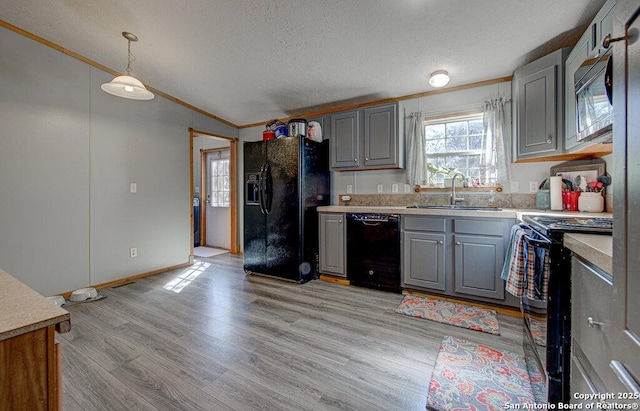 kitchen with gray cabinets and black appliances