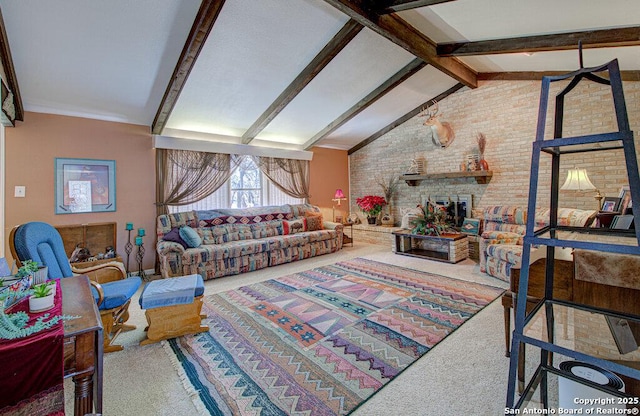 living room with high vaulted ceiling, a brick fireplace, carpet floors, beamed ceiling, and brick wall