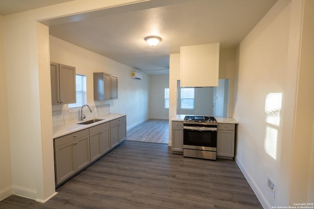 kitchen featuring gray cabinetry, sink, stainless steel stove, and dark hardwood / wood-style flooring