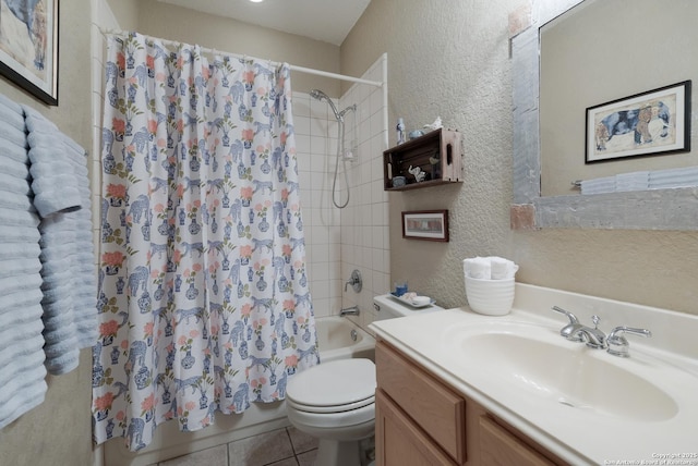 full bathroom with toilet, tile patterned floors, vanity, and shower / bathtub combination with curtain