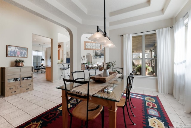 dining space with a wealth of natural light, a raised ceiling, and light tile patterned flooring