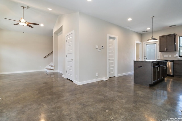 kitchen with tasteful backsplash, a center island, dark brown cabinets, dishwasher, and ceiling fan