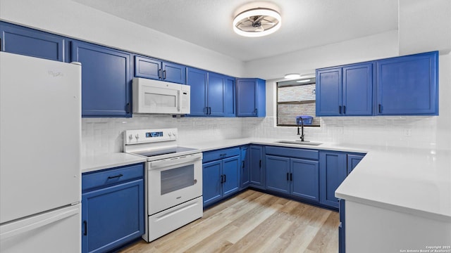 kitchen with sink, white appliances, and blue cabinetry