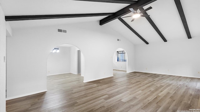 unfurnished living room with beamed ceiling, high vaulted ceiling, light hardwood / wood-style floors, and ceiling fan