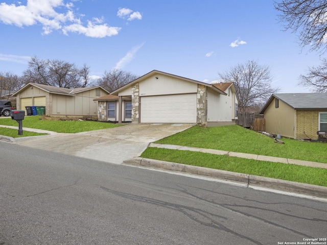 ranch-style house with a garage and a front yard