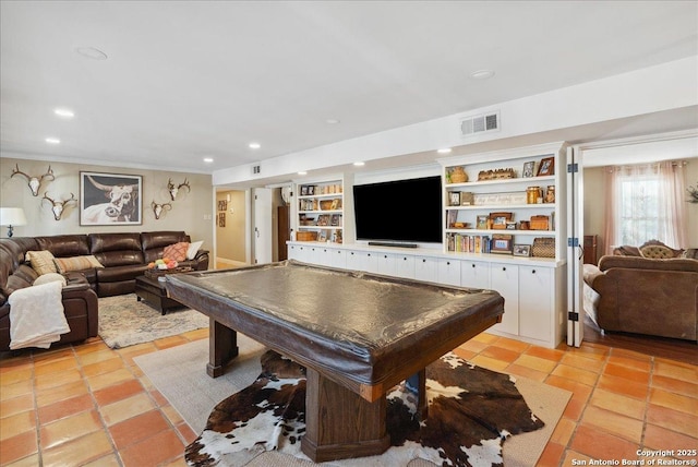 rec room featuring light tile patterned flooring, pool table, and built in features