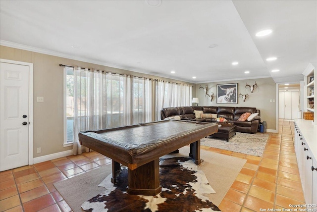 recreation room with light tile patterned flooring, ornamental molding, and billiards