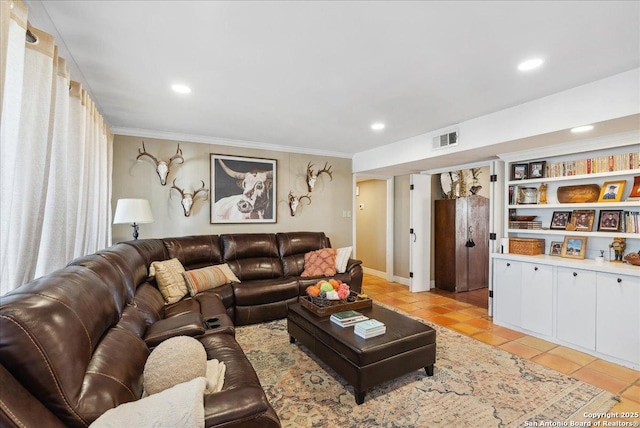 tiled living room with built in shelves