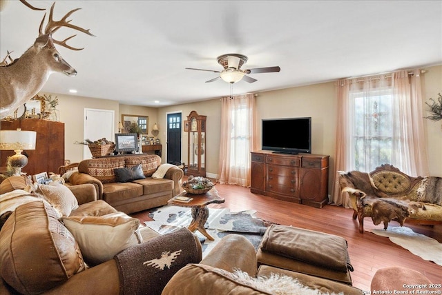 living room featuring ceiling fan and light wood-type flooring