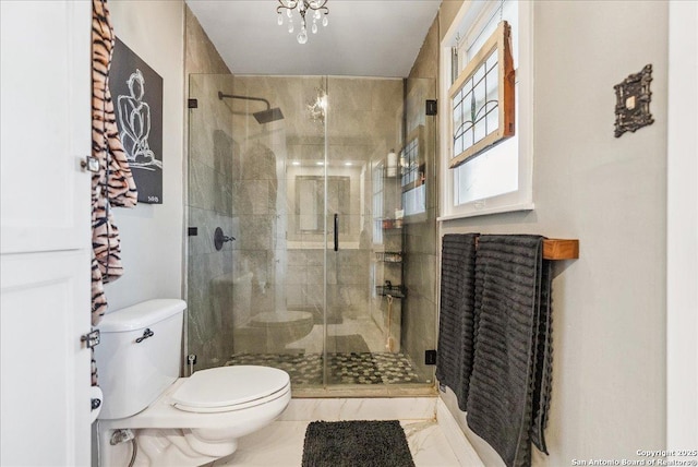 bathroom featuring a shower with shower door and toilet