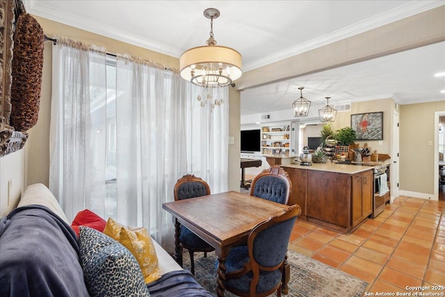 tiled dining space with ornamental molding, built in features, and a notable chandelier