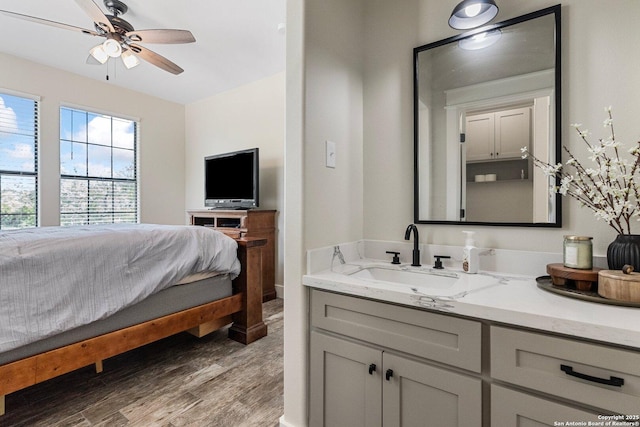 bathroom with hardwood / wood-style flooring, ceiling fan, and vanity