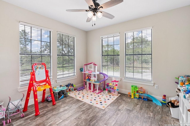 rec room with wood-type flooring and ceiling fan