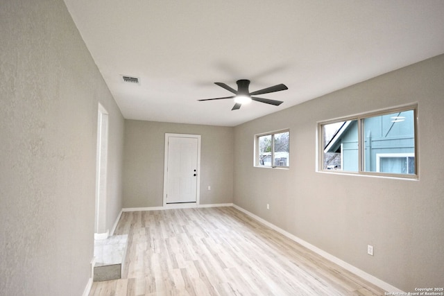 empty room featuring ceiling fan and light hardwood / wood-style flooring