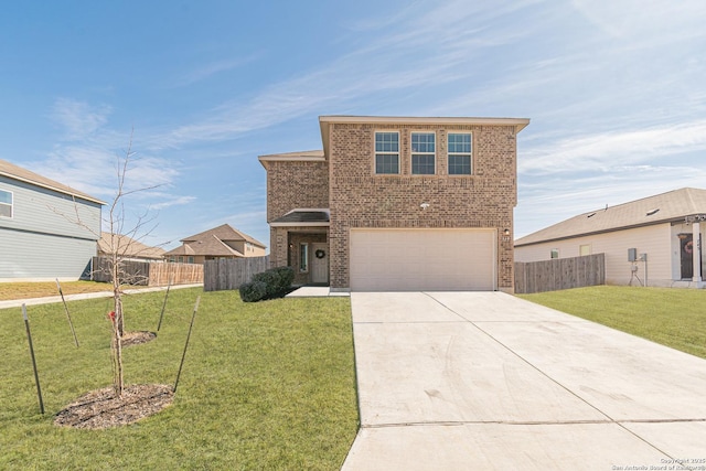 view of property with a garage and a front yard