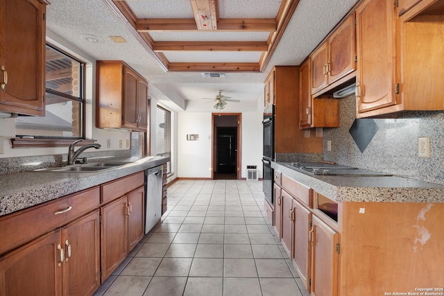 kitchen featuring sink, black appliances, light tile patterned floors, ceiling fan, and backsplash