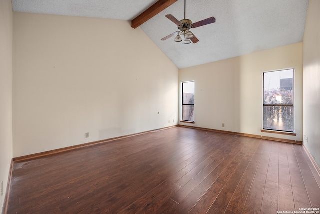 spare room featuring ceiling fan, vaulted ceiling with beams, a textured ceiling, and dark hardwood / wood-style flooring