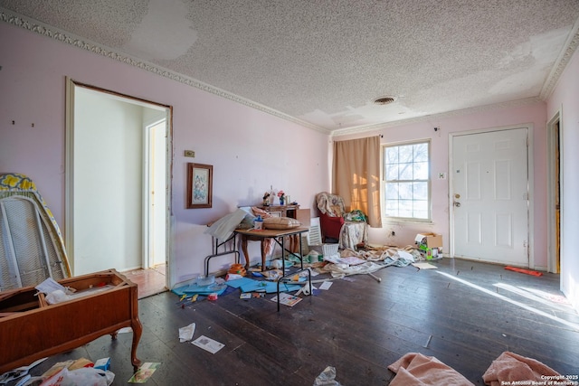 miscellaneous room featuring ornamental molding, dark hardwood / wood-style floors, and a textured ceiling