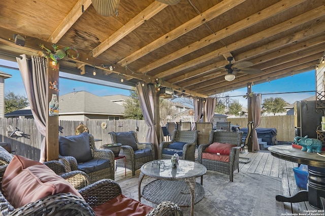 view of patio / terrace with an outdoor hangout area, a deck, and ceiling fan