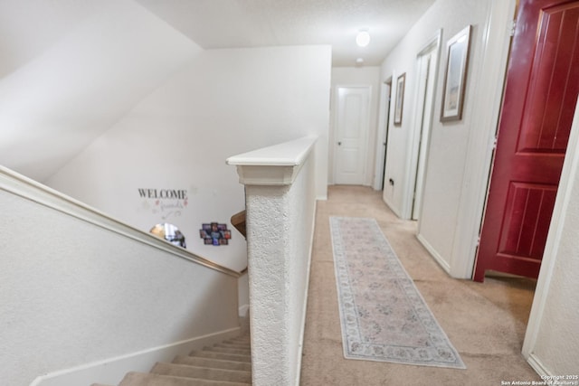 stairs featuring vaulted ceiling and carpet flooring