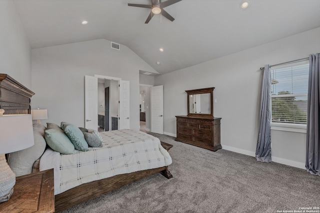 bedroom featuring ceiling fan, lofted ceiling, and carpet floors