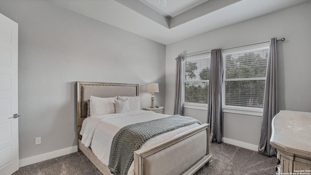 bedroom with a raised ceiling and dark colored carpet