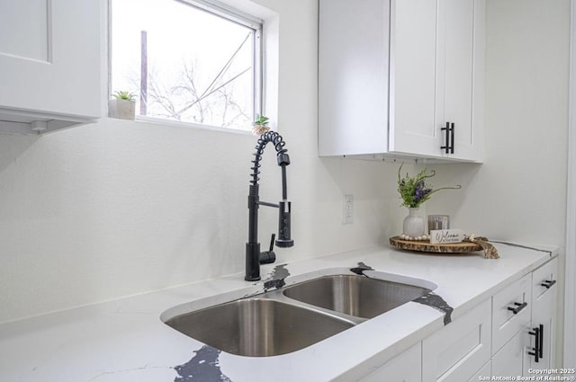 details with white cabinetry and sink