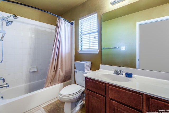 full bathroom with vanity, toilet, and shower / bath combo with shower curtain