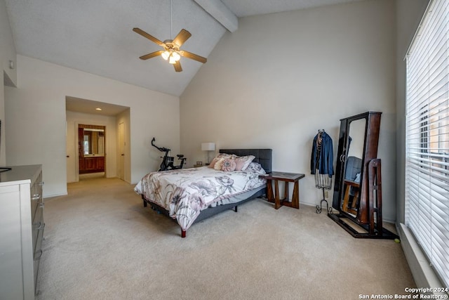 carpeted bedroom featuring beamed ceiling, high vaulted ceiling, ceiling fan, and multiple windows