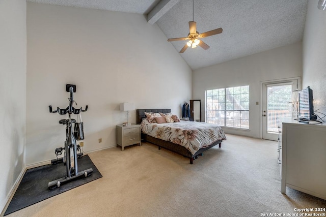 carpeted bedroom featuring high vaulted ceiling, a textured ceiling, access to outside, ceiling fan, and beam ceiling