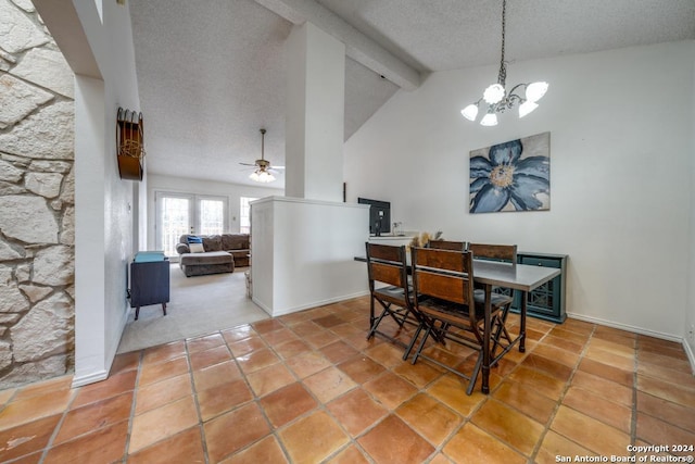 tiled dining room with beamed ceiling, high vaulted ceiling, ceiling fan with notable chandelier, and a textured ceiling