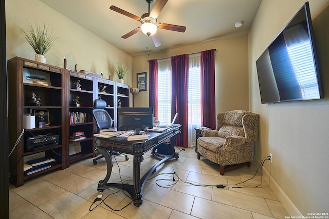 tiled office with ceiling fan