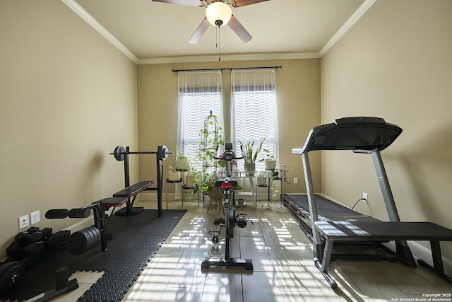 exercise area featuring ornamental molding and ceiling fan