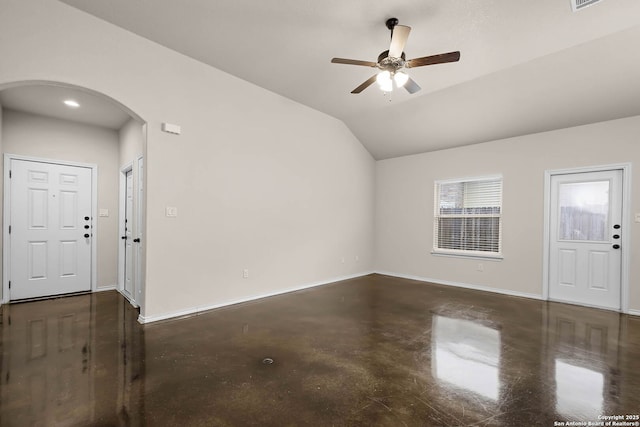 foyer with vaulted ceiling and ceiling fan